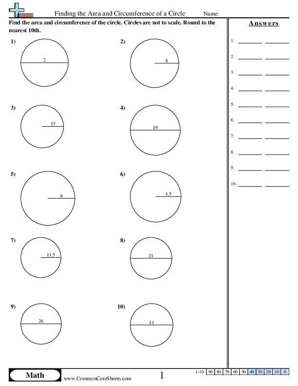 7.g.4 Worksheets - Area and Circumference Circle worksheet